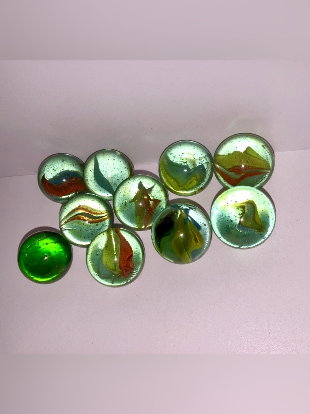 Vintage Cat’s Eye Marbles Lot (10) Green/Aqua Swirl Shooter Mix